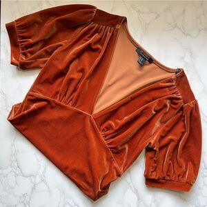 Forever 21 Contemporary: burnt orange velvet-like v-neck, short sleeve bodysuit